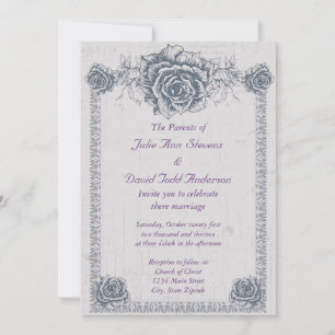 Blue Vintage Rose Border Wedding Invitation