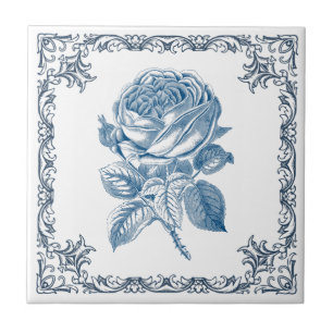 blue vintage rose ceramic tile