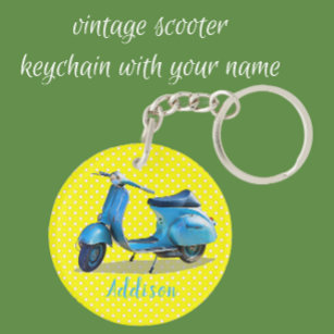 Blue Vintage Scooter on Yellow Background Key Ring