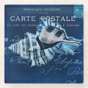 Blue Vintage Seashell French Postcard Collage Glass Coaster