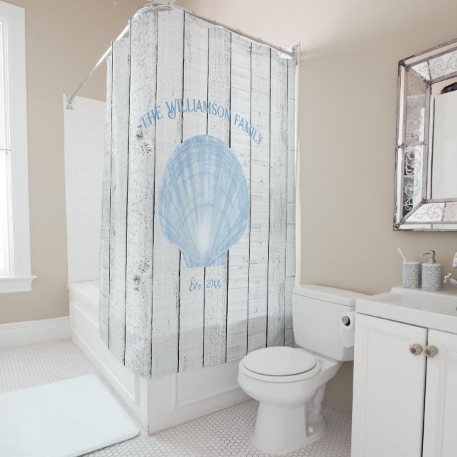 Blue Vintage Shell Shower Curtain (In Situ)