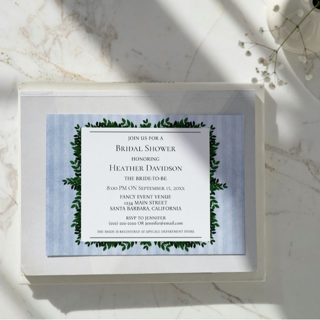 Blue Vintage Striped Foliage Bridal Shower Invite (Blue Vintage Striped Foliage Bridal Shower Invite)