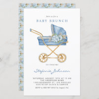 Blue Vintage Stroller Boy Baby Brunch Invitation