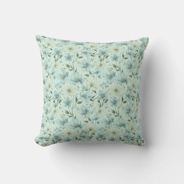 Blue vintage style floral damask pattern cushion (Front)