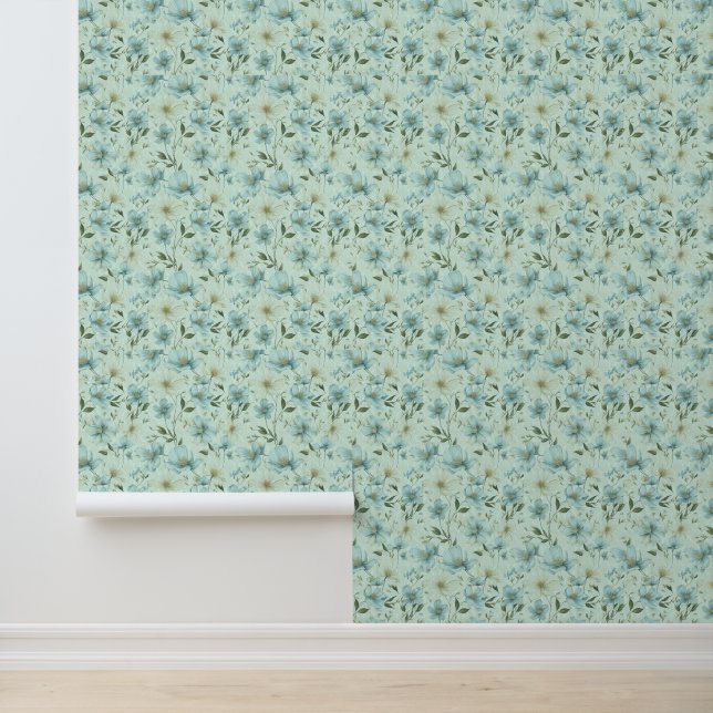 Blue vintage style floral damask pattern wallpaper (Application)