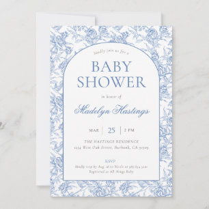 Blue Vintage Toile De Jouy Boy Script Baby Shower Invitation