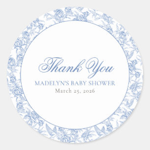 Blue Vintage Toile De Jouy Script Boy Baby Shower Classic Round Sticker