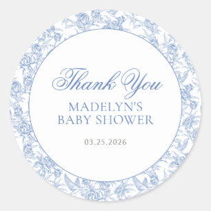 Blue Vintage Toile De Jouy Script Boy Baby Shower Classic Round Sticker
