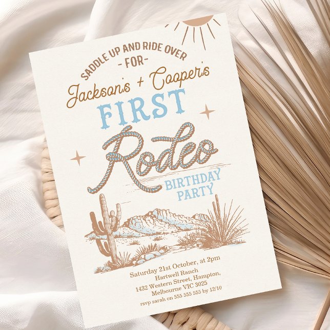 Blue Vintage Twin Boys First Rodeo 1st Birthday Invitation (Twin Boys Vintage First Rodeo Birthday invitation Wild West Western 1st Rodeo Birthday Party Invite)