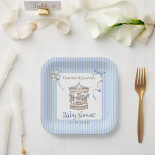 Blue Vintage Watercolor Horse Carousel Baby Shower Paper Plate