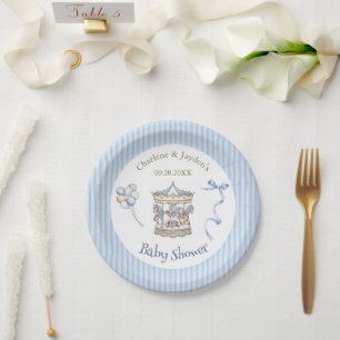 Blue Vintage Watercolor Horse Carousel Baby Shower Paper Plate