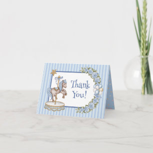 Blue Vintage Watercolor Horse Carousel Baby Shower Thank You Card