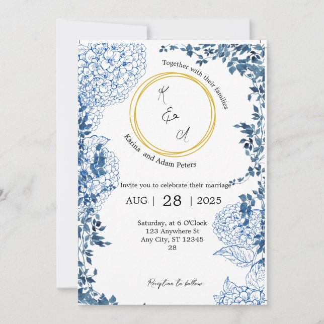 Blue Vintage Wedding Invitation | Simple & Elegant (Front)