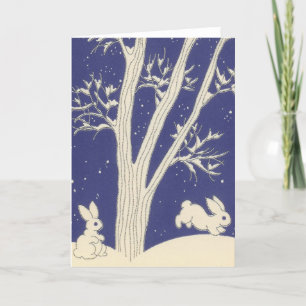 Blue Vintage White Bunnies Hopping in the Snow Holiday Card