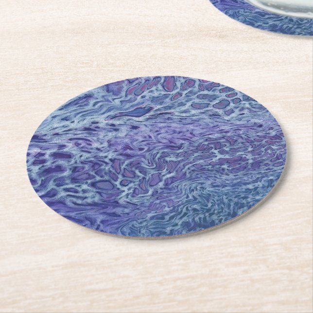 Blue & Violet Acrylic Abstract Fluid Art Round Paper Coaster (Angled)