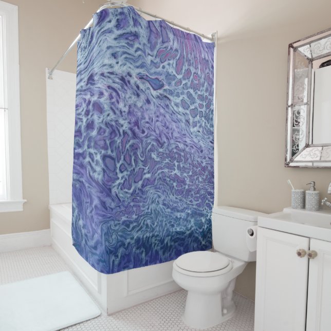 Blue & Violet Acrylic Abstract Fluid Art Shower Curtain (In Situ)