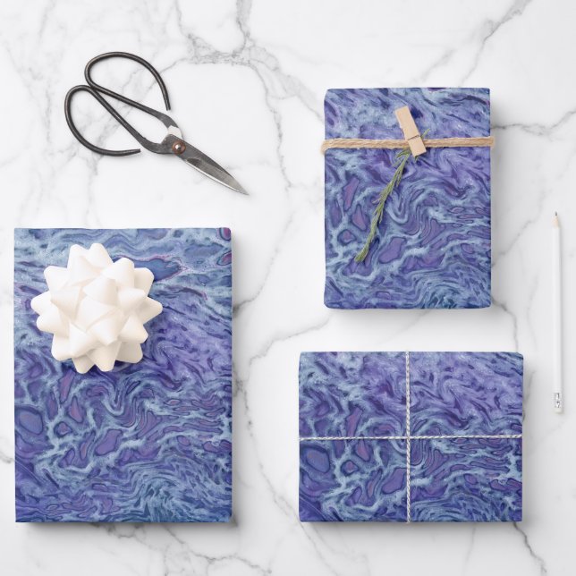 Blue & Violet Acrylic Abstract Fluid Art Wrapping Paper Sheet (Front)