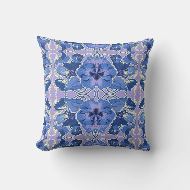 Blue Violet Art Nouveau Pansy Pillow (Front)