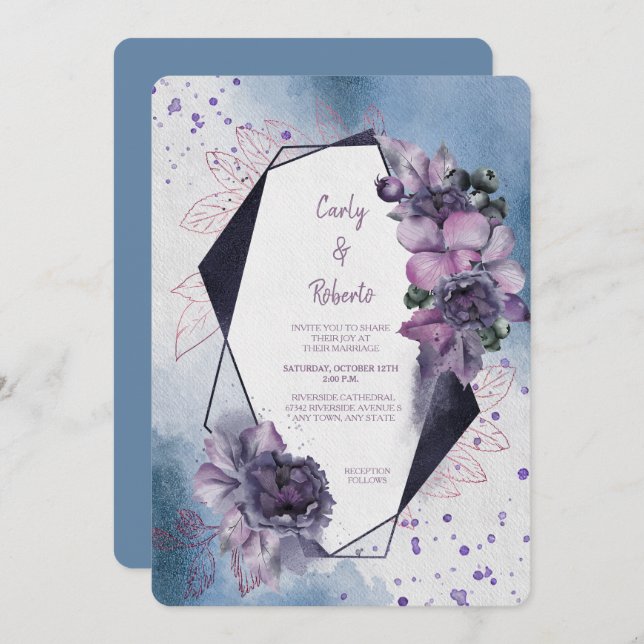 Blue Violet Floral Modern Geometric Frame Wedding Invitation (Front/Back)