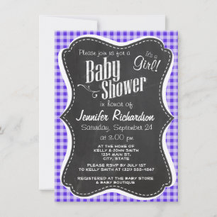 Blue Violet Gingham; Chalkboard look Invitation