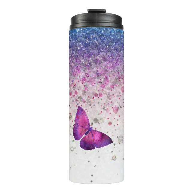 *~* Blue Violet Glitter Butterfly Girly  Thermal Tumbler (Front)