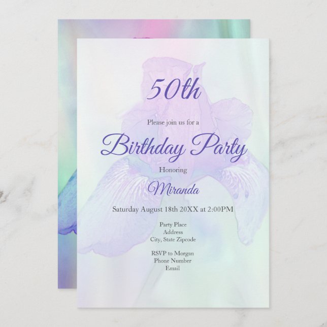 Blue Violet Iris Digital Watercolor Invitation (Front/Back)