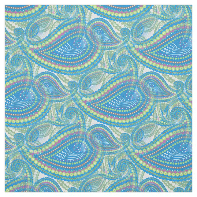 Blue Violet Lime Green Paisley Floral Art Pattern Fabric (Swatch)