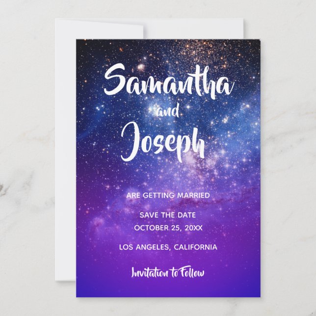 Blue Violet Ombre Cosmic Photo Save The Date (Front)