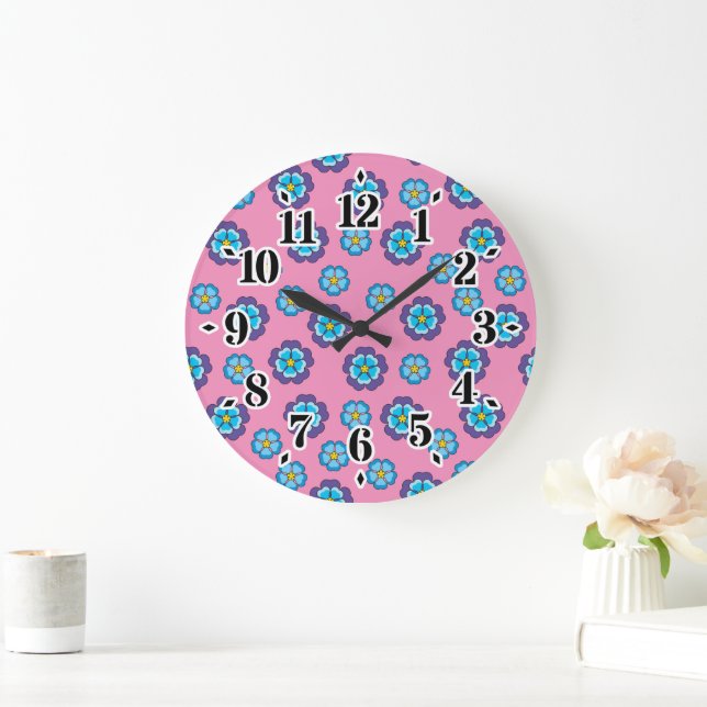 Blue Violet Pink Floral Pattern Large Clock (Home)