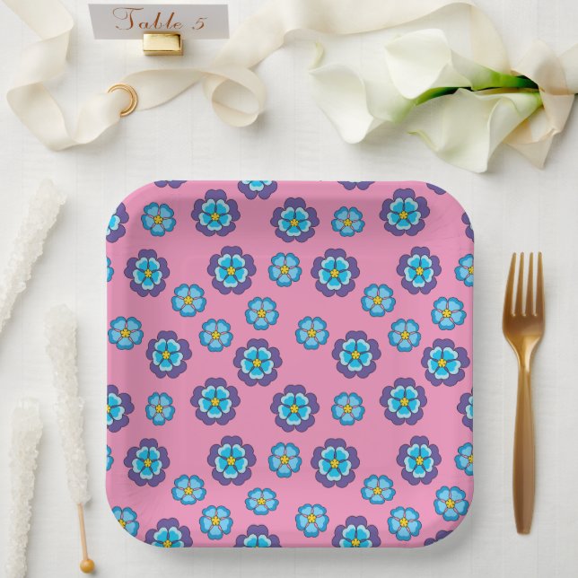 Blue Violet Pink Floral Pattern Paper Plate (Wedding)