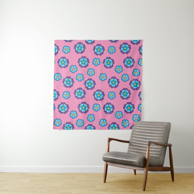 Blue Violet Pink Floral Pattern Tapestry (In Situ)