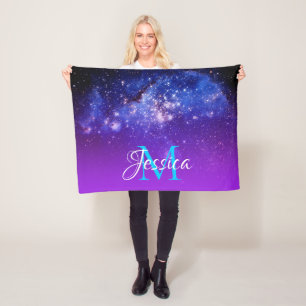 Blue Violet Sparkly Stars Celestial Ombre Monogram Fleece Blanket