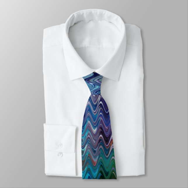 Blue Violet Teal White Marbling Abstraction Tie (Tied)