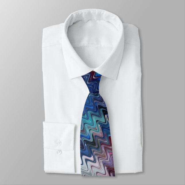 Blue Violet Teal White Marbling Abstraction Tie (Tied)