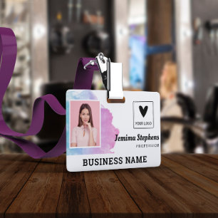 Blue Violet Watercolor Add Your Logo Employee ID Badge