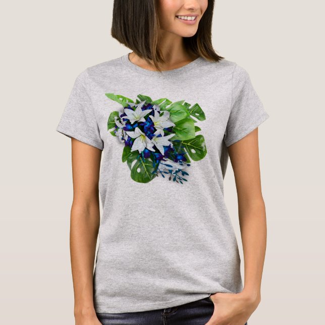 Blue,violet & White Silk flower Bridesmaid gift T-Shirt (Front)