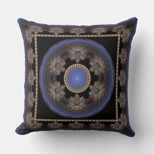 Blue visual fractal framed pattern cushion (Front)