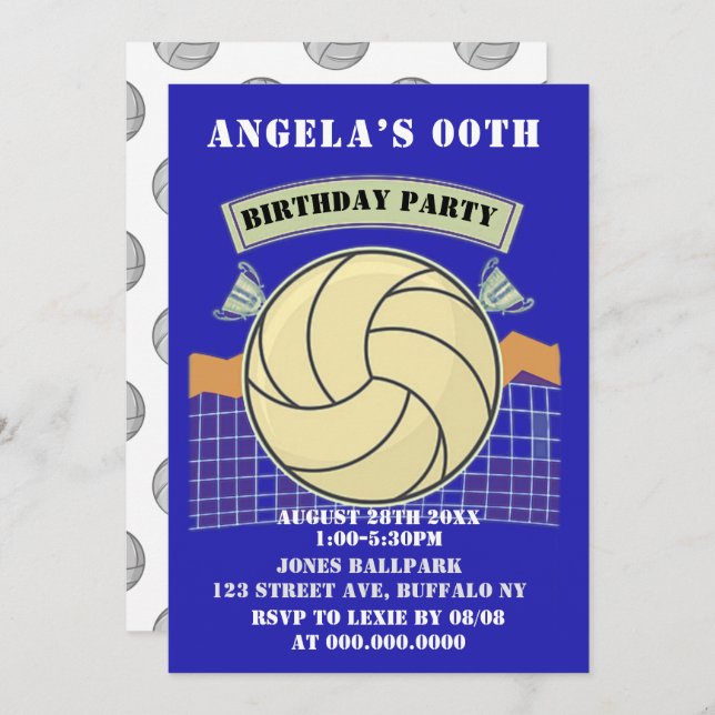 Blue Volleyball Birthday Party Invites (Front/Back)