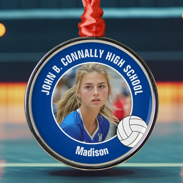 Blue Volleyball Player Photo Christmas Gift Metal Ornament (Creator Uploaded)