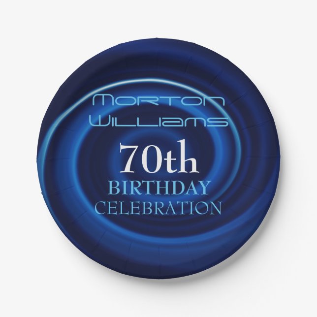 Blue Vortex 70th Birthday Celebration Paper Plate (Front)