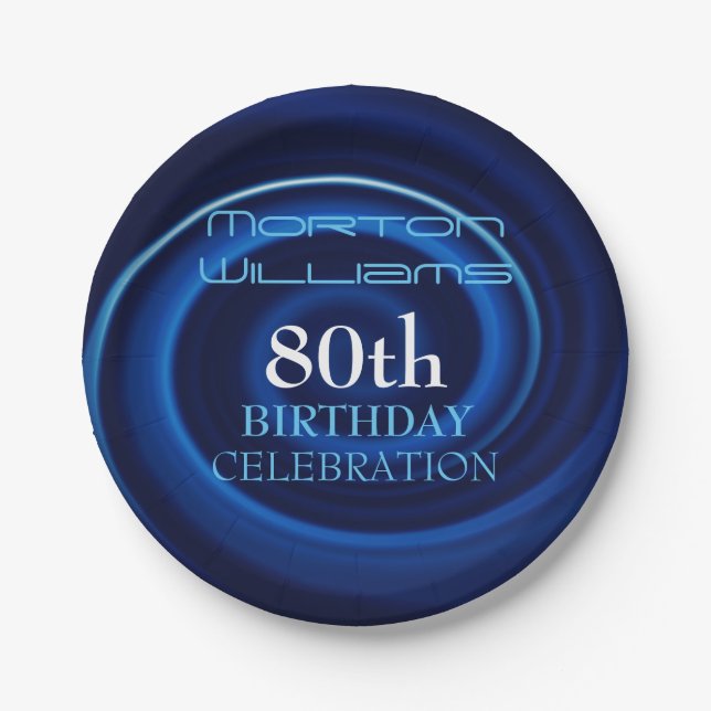 Blue Vortex 80th Birthday Celebration Paper Plate (Front)