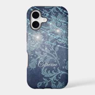 Blue Wallpaper Floral String LIghts Pattern