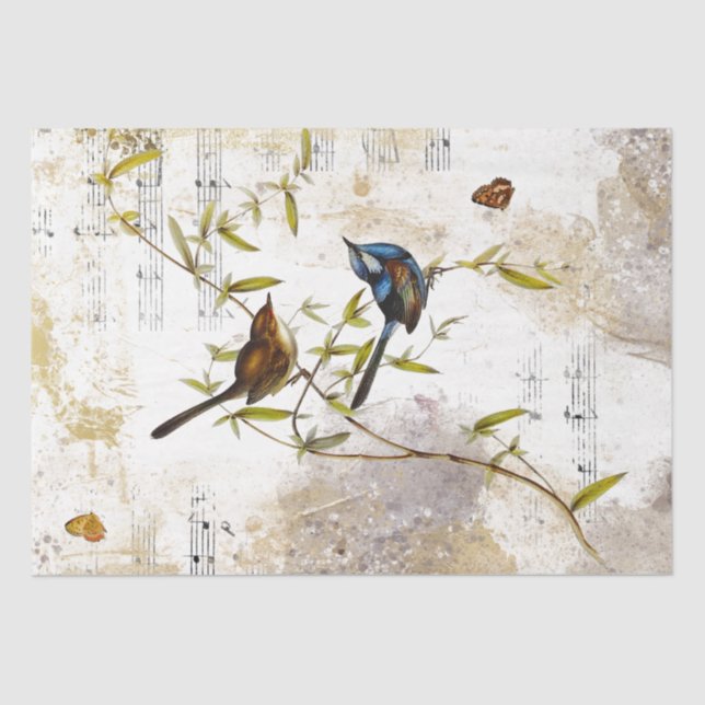 Blue Warbler Bird Butterfly Music Gold Decoupage   Tissue Paper (Front)
