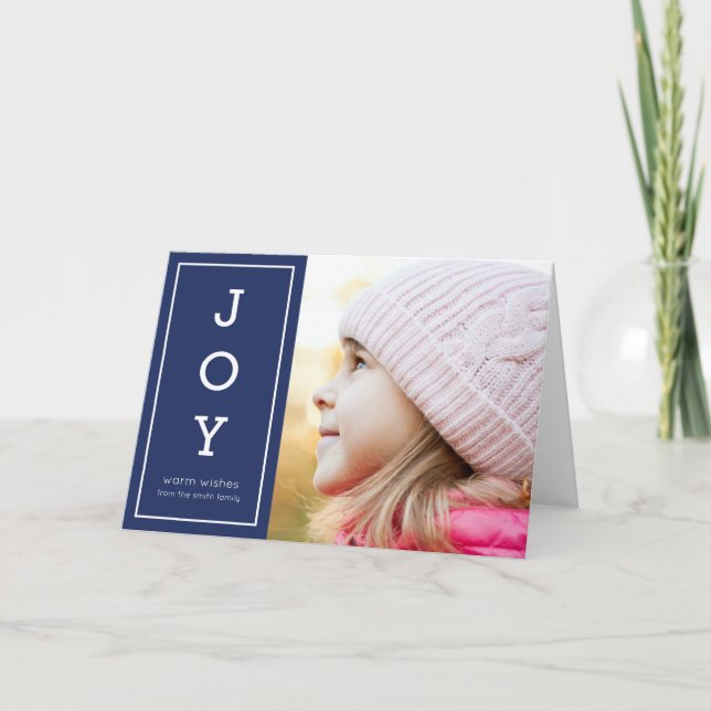 Blue Warm Wishes Modern Joy Holiday Photo Card (Front)
