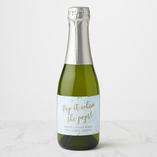 Blue Wash Pop It When She Pops Boy Baby Shower Sparkling Wine Label (Front)