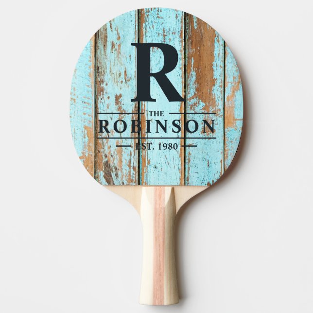Blue Wash Wood Family Name & Initial Ping Pong Paddle (Front)