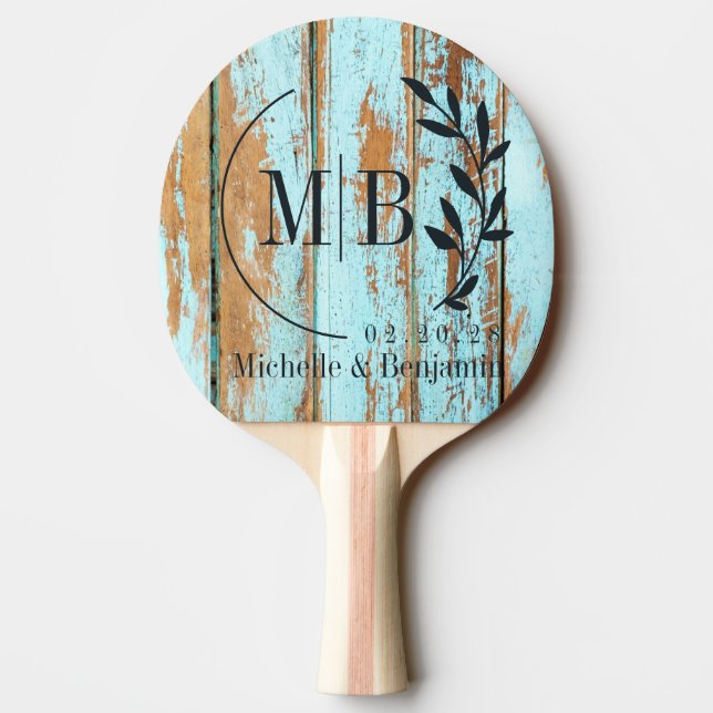 Blue Wash Wood Leaf Wedding Monogram Ping Pong Paddle (Back)