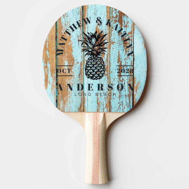 Blue Wash Wood Tropical Pineapple Wedding Crest Ping Pong Paddle (Back)