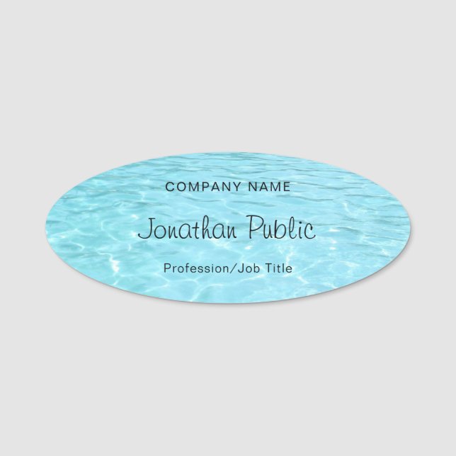 Blue Water Calligraphed Script Modern Template Name Tag (Front)
