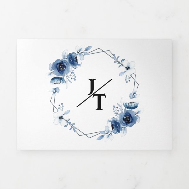 BLUE WATER COLOUR TRIFOLD WEDDING INVITATION (Cover)